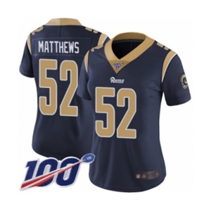 Women's Los Angeles Rams #52 Clay Matthews Navy Blue Team Color Vapor Untouchable Limited Player 100th Season Football Jersey