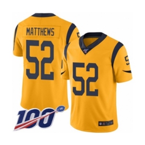 Youth Los Angeles Rams #52 Clay Matthews Limited Gold Rush Vapor Untouchable 100th Season Football Jersey