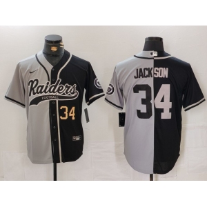 Men's Las Vegas Raiders #34 Bo Jackson Number Grey Black Split Cool Base Stitched Baseball Jersey