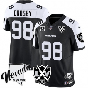 Men's Las Vegas Raiders #98 Maxx Crosby Black White 2024 F.U.S.E With Nevada Silver Stat Patch And 65th Anniversary Patch 3-Star C Patch Stitched Football 