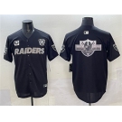 Men's Las Vegas Raiders Team Big Logo Black With Nevada Silver Stat Patch And 65th Anniversary Patch 3-Star C Patch Stitched Baseball Jersey
