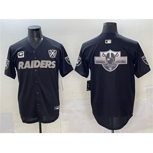 Men's Las Vegas Raiders Team Big Logo Black With Nevada Silver Stat Patch And 65th Anniversary Patch 3-Star C Patch Stitched Baseball Jersey