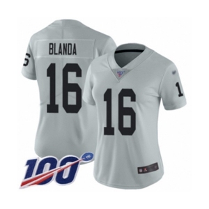 Women's Oakland Raiders #16 George Blanda Limited Silver Inverted Legend 100th Season Football Jersey