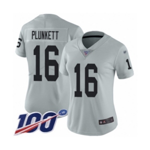 Women's Oakland Raiders #16 Jim Plunkett Limited Silver Inverted Legend 100th Season Football Jersey