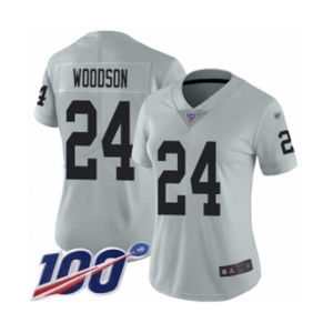 Women's Oakland Raiders #24 Charles Woodson Limited Silver Inverted Legend 100th Season Football Jersey