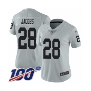 Women's Oakland Raiders #28 Josh Jacobs Limited Silver Inverted Legend 100th Season Football Jersey