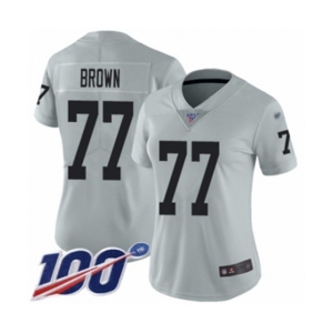 Women's Oakland Raiders #77 Trent Brown Limited Silver Inverted Legend 100th Season Football Jersey