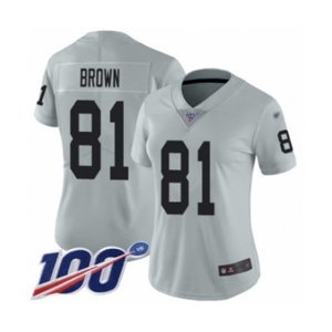 Women's Oakland Raiders #81 Tim Brown Limited Silver Inverted Legend 100th Season Football Jersey
