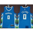 Men's Milwaukee Bucks #0 Damian Lillard Blue 2022-23 City Edition Stitched Basketball Jersey