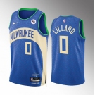 Men's Milwaukee Bucks #0 Damian Lillard Blue 2023-24 City Edition Stitched Basketball Jersey