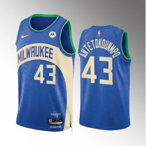 Men's Milwaukee Bucks #43 Thanasis Antetokounmpo Blue 2023-24 City Edition Stitched Basketball Jersey